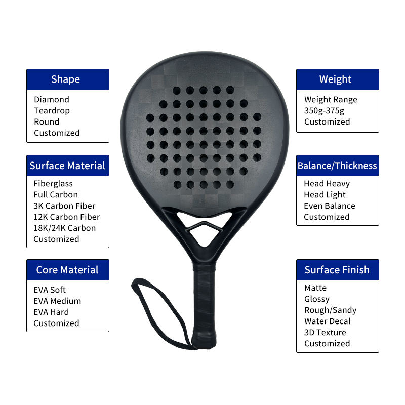 High Quality Customized Professional Carbon 3K12K18K Padel Racket with Tear Drop Shape 